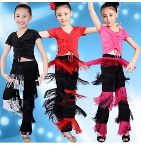 Black red fuchsia hot pink turquoise blue black patchwork fringes tassels short sleeves girls kids children stage performance latin salsa dance costumes outfits